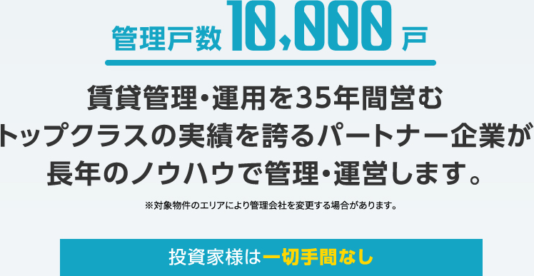 管理戸数10,000戸 賃貸管理・運用を35年間営むトップクラスの実績を誇るパートナー企業が長年のノウハウで管理・運営します。 投資家様は一切手間なし