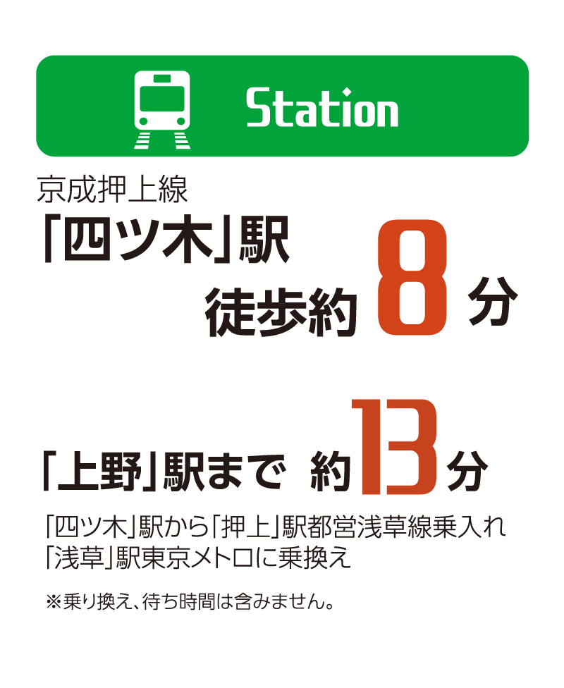 京成押上線 「四ツ木」駅 徒歩約8分　「上野」駅まで約13分